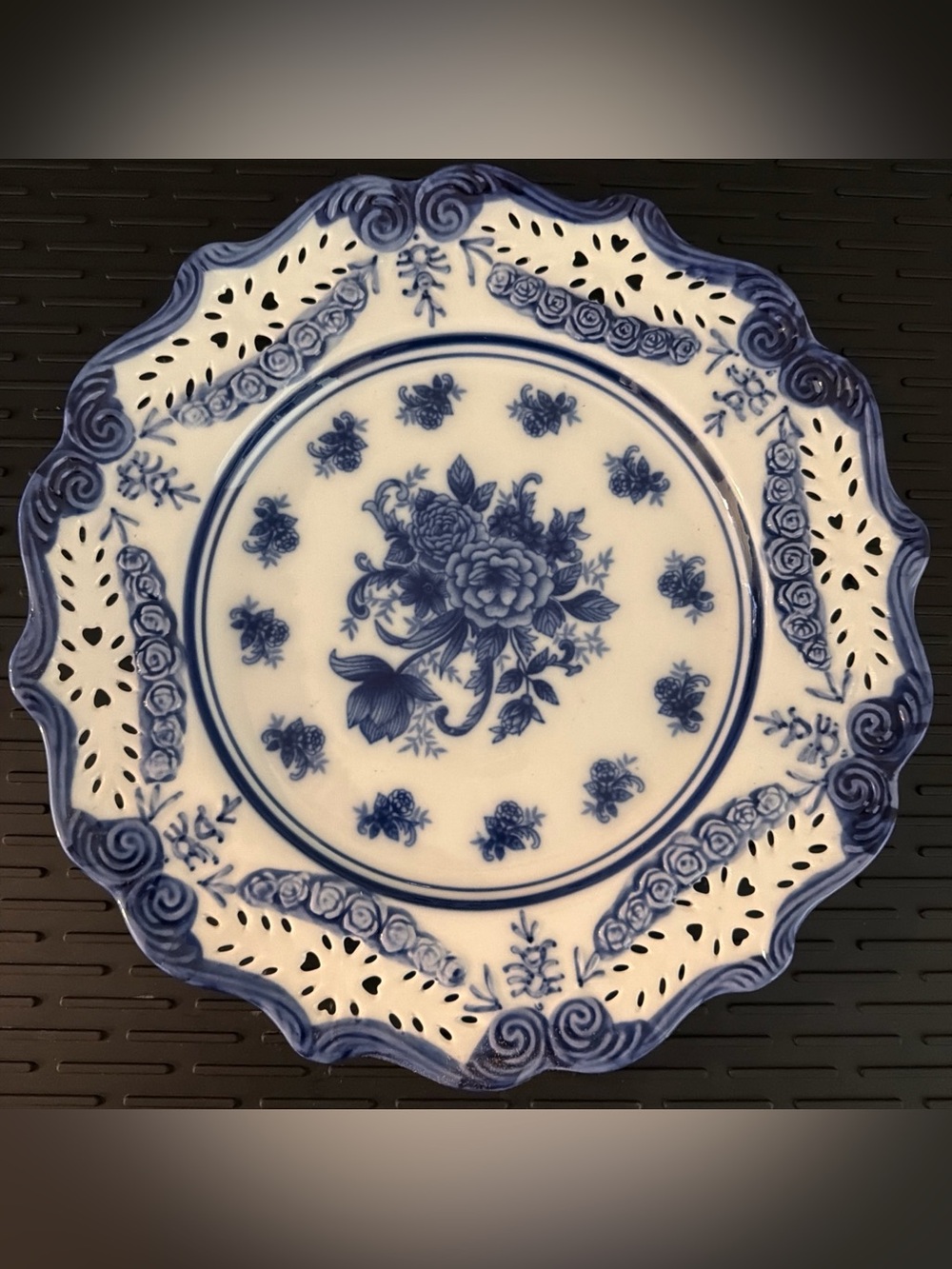 Cracker Barrel Blue and White Floral Pierced Porcelain Plate